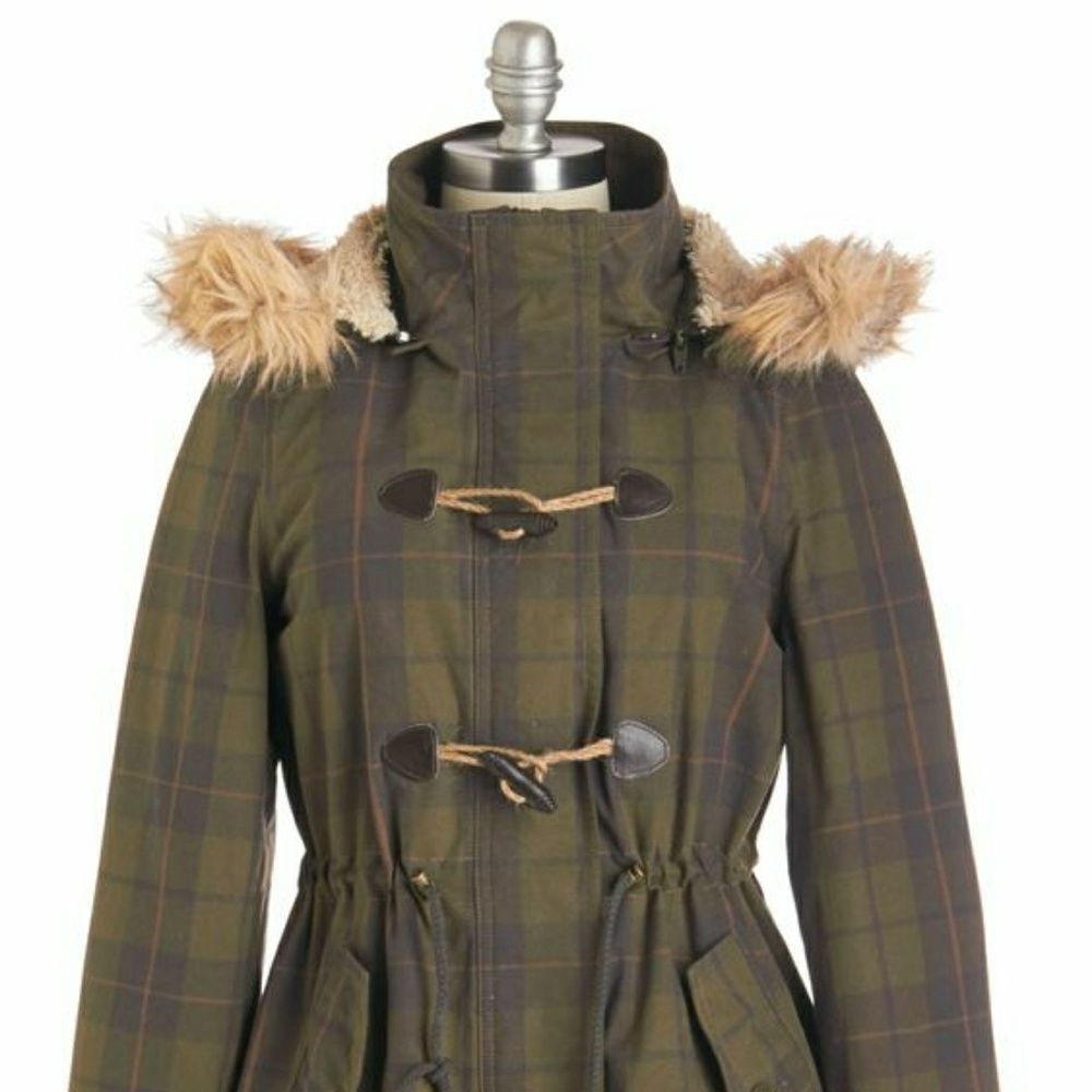 Modcloth plaid coat with fur hood and toggles.